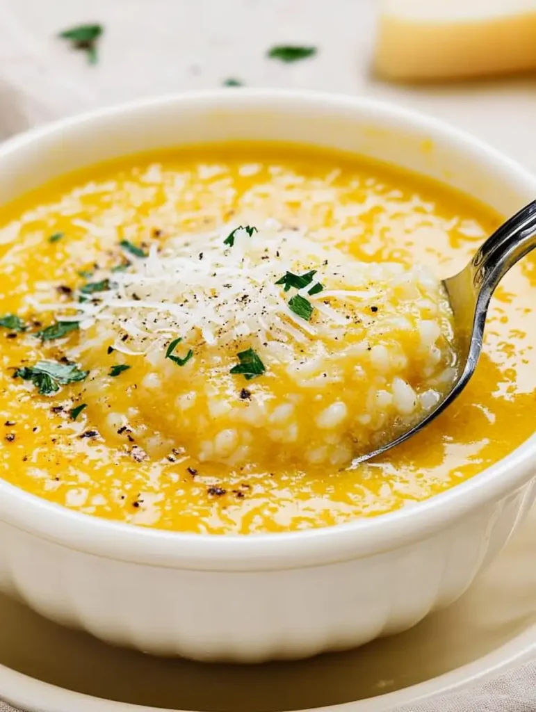 Italian Penicillin Soup 4 Creamy orange Italian Penicillin Soup with Parmesan and fresh herbs served in a white bowl, an inviting homemade soup recipe that aligns with easy soup recipes, easy soups, and healthy soup recipes.