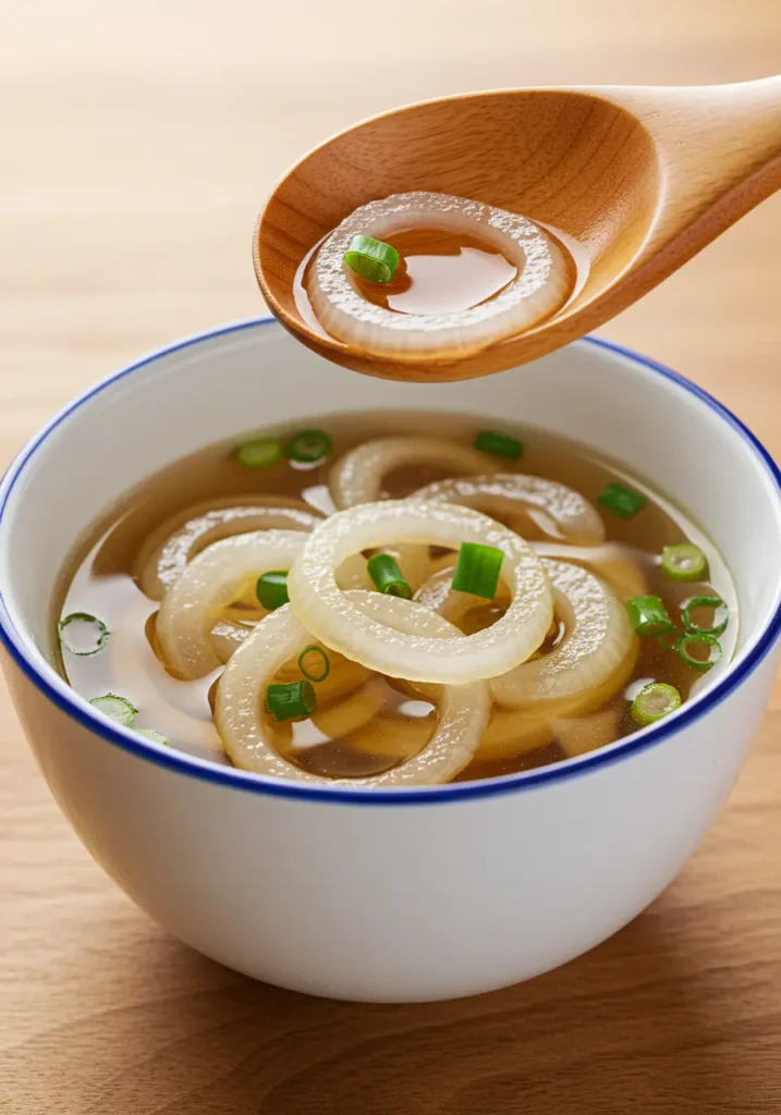 Japanese Onion Soup 4 A ceramic bowl of clear broth holds tender onion rings and bright green scallions while a wooden spoon hovers above