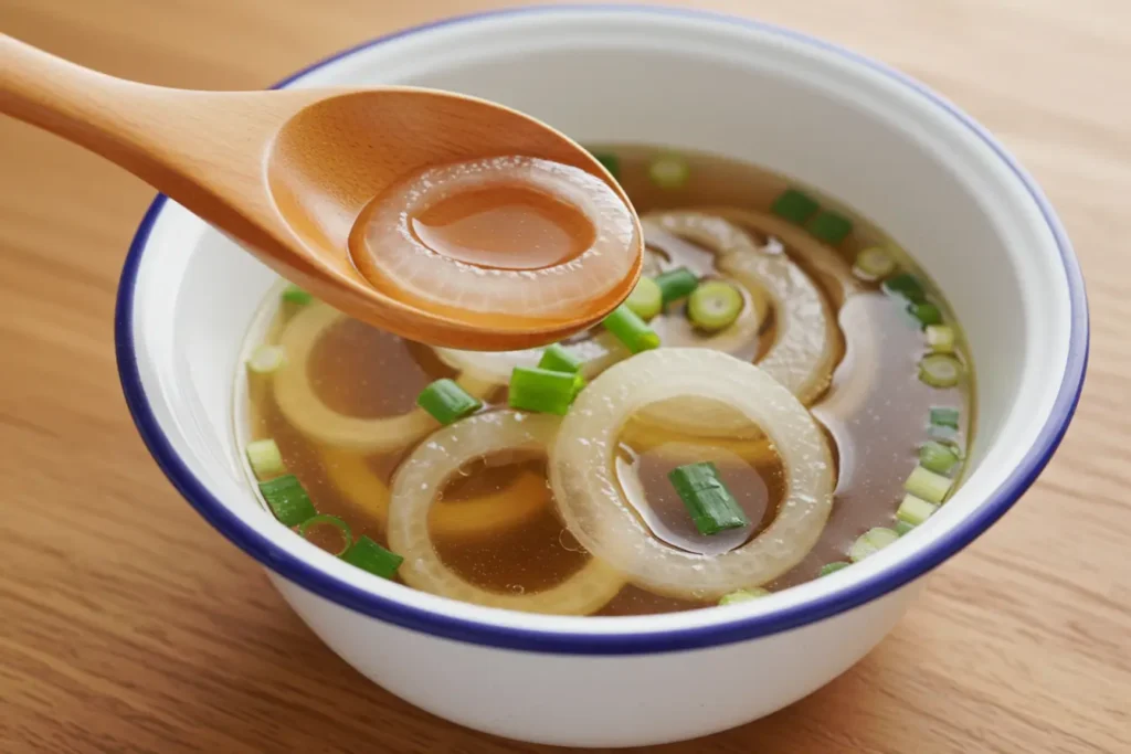 A white bowl filled with clear amber Japanese Onion Soup shows round onion slices and chopped scallions, with a wooden spoon lifting an onion ring, highlighting a light Japanese Soup styled as a Clear Soup made from a delicate Japanese Broth Soup base.