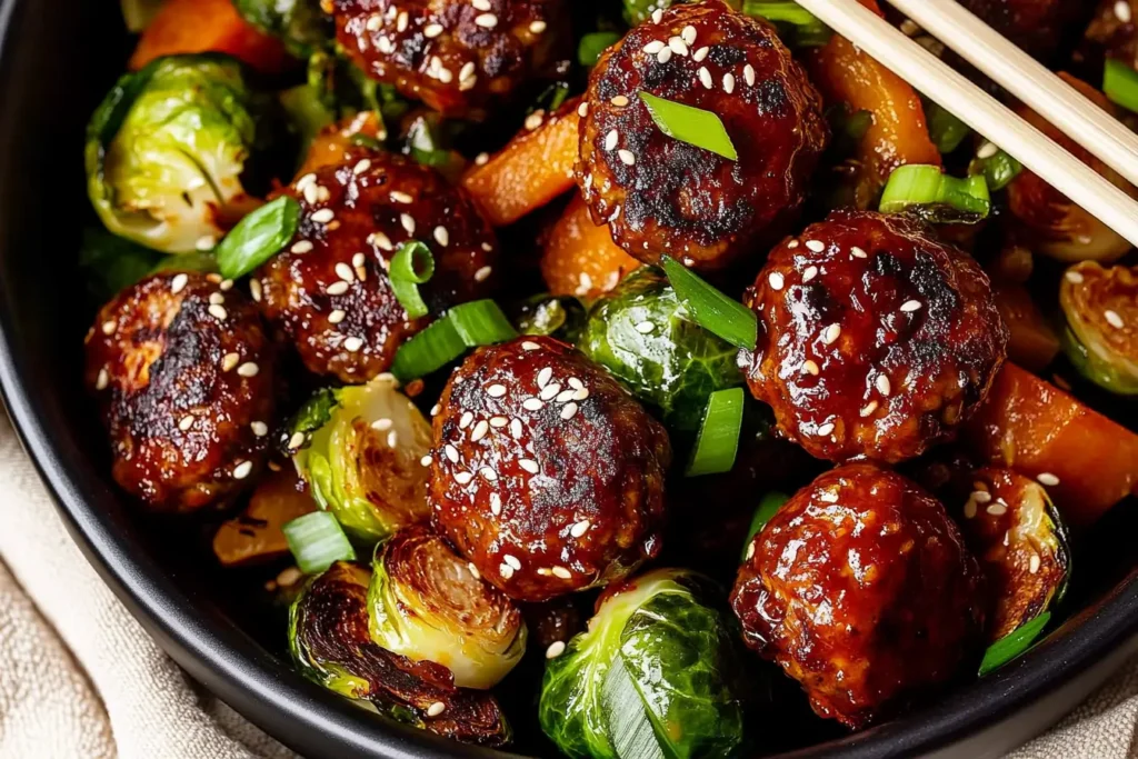 Meatballs beside Roasted Vegetables like charred brussels sprouts and caramelized sweet potato cubes, showcasing Korean BBQ Meatballs and Vegetables