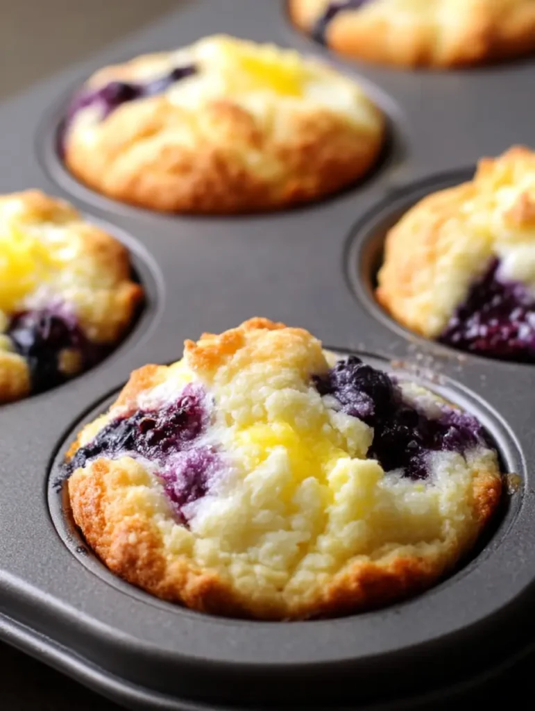 A white plate holds crumbly golden muffins with bursting blueberries and flecks of lemon zest, showcasing Lemon Blueberry Cottage Cheese as part of Cottage Cheese Recipes for an easy Cottage Cheese Breakfast, also fitting Cottage Cheese Desserts and Breakfast Bake vibes with Healthy Blueberry appeal.