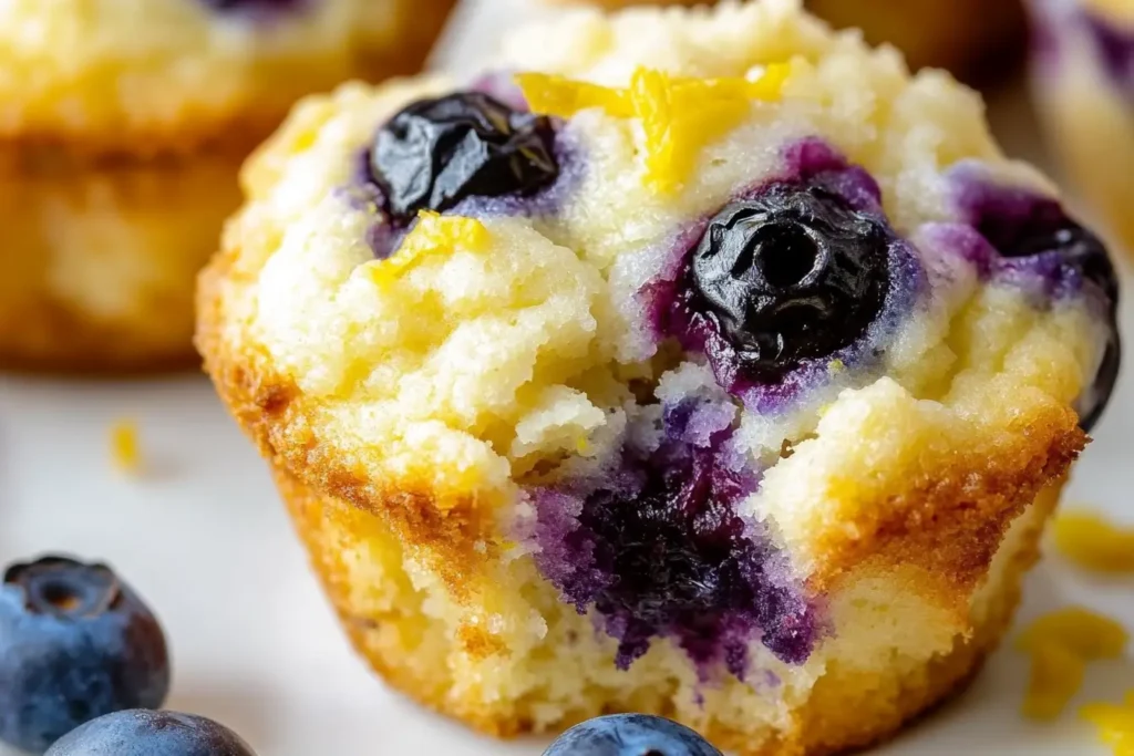 Close-up of golden muffins studded with juicy blueberries and lemon zest, a zesty take on Cottage Cheese Recipes for a Cottage Cheese Breakfast or light Cottage Cheese Desserts, essentially High Protein Cottage Cheese Blueberry Lemon Muffins baked like a mini Breakfast Bake with Healthy Blueberry shine.