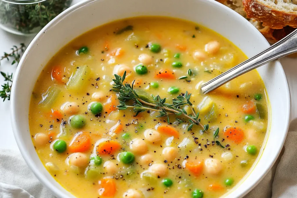 A steaming bowl of One-Pot Creamy Vegetable Soup with bright peas, orange carrots, tender potatoes, fresh herbs, and crusty bread, crafted for soup recipes and perfectly suited to a Homemade Soup Recipe, Easy Soup Recipes, Easy Soups, and Healthy Soup Recipes.