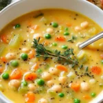 A steaming bowl of One-Pot Creamy Vegetable Soup with bright peas, orange carrots, tender potatoes, fresh herbs, and crusty bread, crafted for soup recipes and perfectly suited to a Homemade Soup Recipe, Easy Soup Recipes, Easy Soups, and Healthy Soup Recipes.