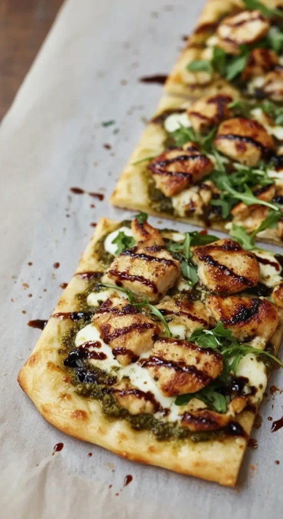 Pesto Chicken Flatbread 4 Crispy Pesto Chicken Flatbread topped with juicy grilled chicken, basil pesto, melted mozzarella, and arugula, finished with a glossy balsamic glaze.