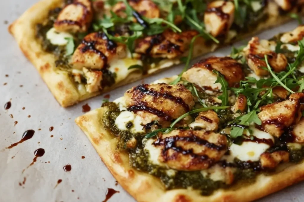 Pesto Chicken Flatbread with mozzarella, fresh arugula, and balsamic drizzle on a crispy crust, sliced on parchment for an easy weeknight dinner.