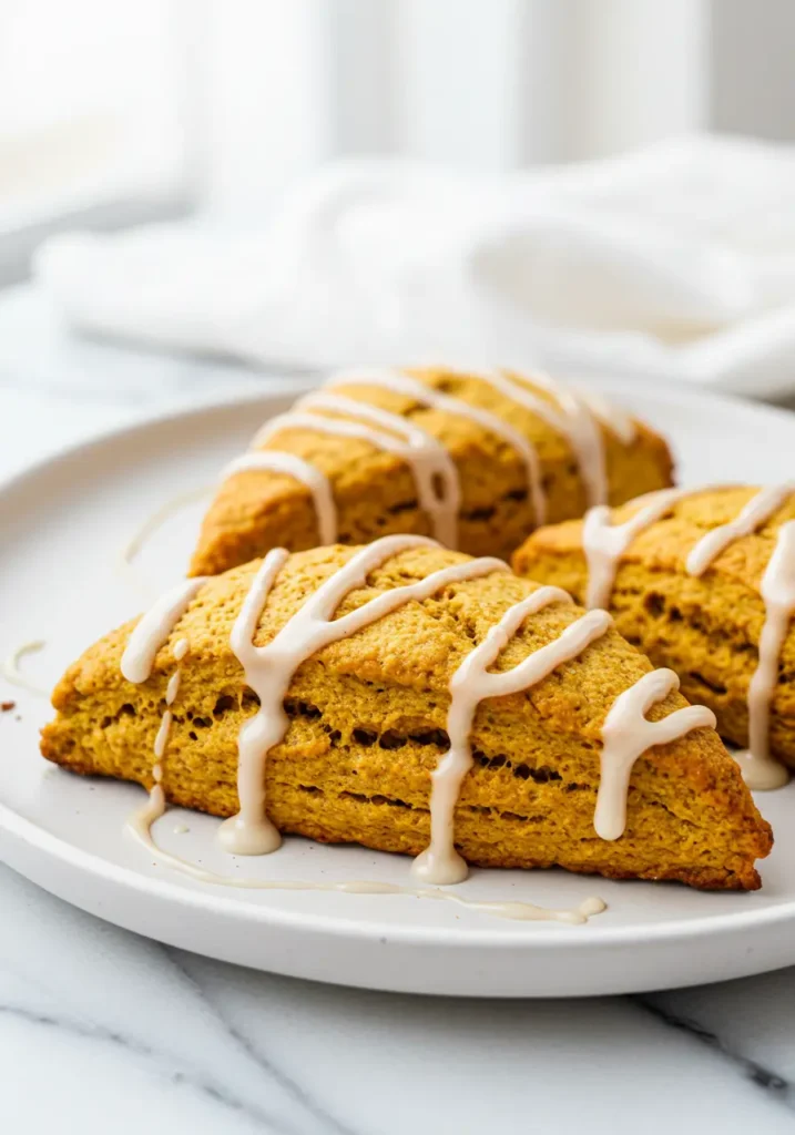 Pumpkin Cinnamon Scones with a Dreamy Maple Glaze 4 Close-up of bakery-style Pumpkin Cinnamon Scones with shiny Maple Glaze on a plate, highlighting crumbly Scones perfect for a reliable Scone Recipe and Easy Pumpkin treats during Cozy Fall mornings.