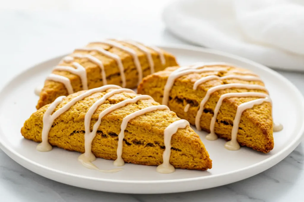 A white plate holds golden Pumpkin Cinnamon Scones drizzled with Maple Glaze beside a mug, showing tender Scones that fit any Pumpkin Scones Recipe for cozy Fall Baking and classic Autumn Flavors.