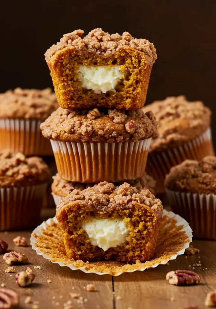 Pumpkin Cream Cheese Muffins 4 On a wooden table, streusel-topped Pumpkin Cream Cheese Muffins sit in wrappers, one bitten to expose the smooth filling, capturing the comfort of Fall Treats while highlighting Cream Cheese Muffins techniques from a Pumpkin Cream Cheese Swirl Muffins Recipe.