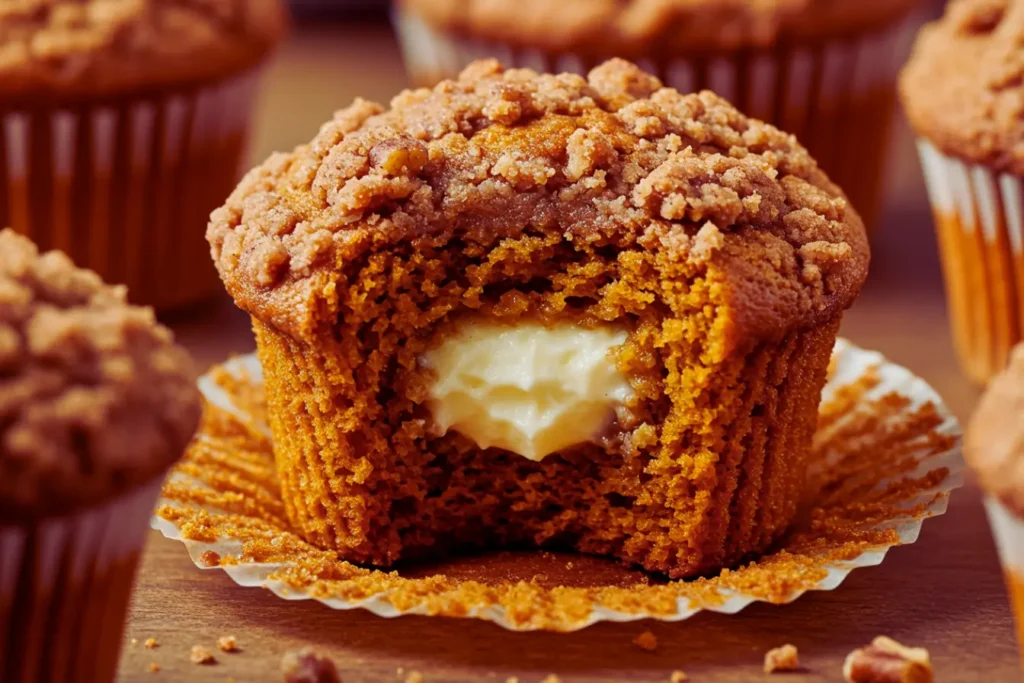 A close view of Pumpkin Cream Cheese Muffins shows a muffin split open to reveal a creamy cheesecake center under cinnamon crumb, a cozy scene that fits Fall Treats and echoes classic Cream Cheese Muffins from a Pumpkin Cream Cheese Swirl Muffins Recipe.