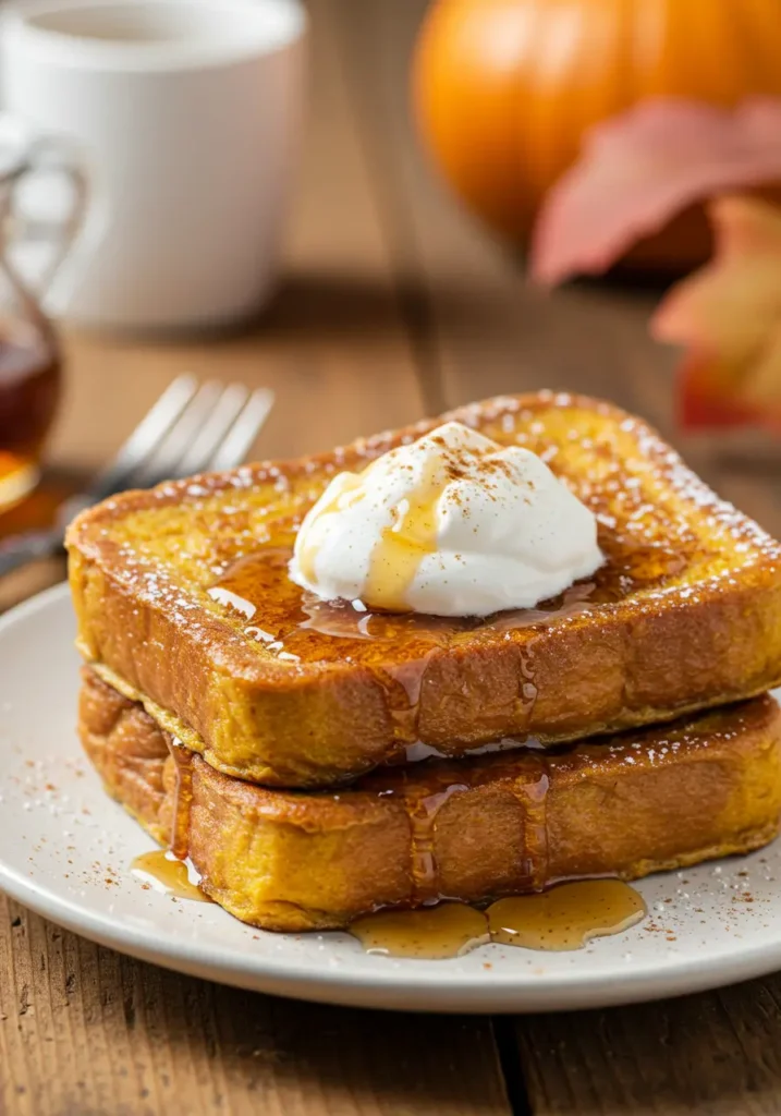 Fall Pumpkin French Toast Breakfast 4 A close-up of two thick slices of Fall Pumpkin French Toast on a white plate, golden French Toast with maple syrup, a swirl of whipped pumpkin cream, cinnamon dust, and pumpkins in the background for a cozy fall breakfast.