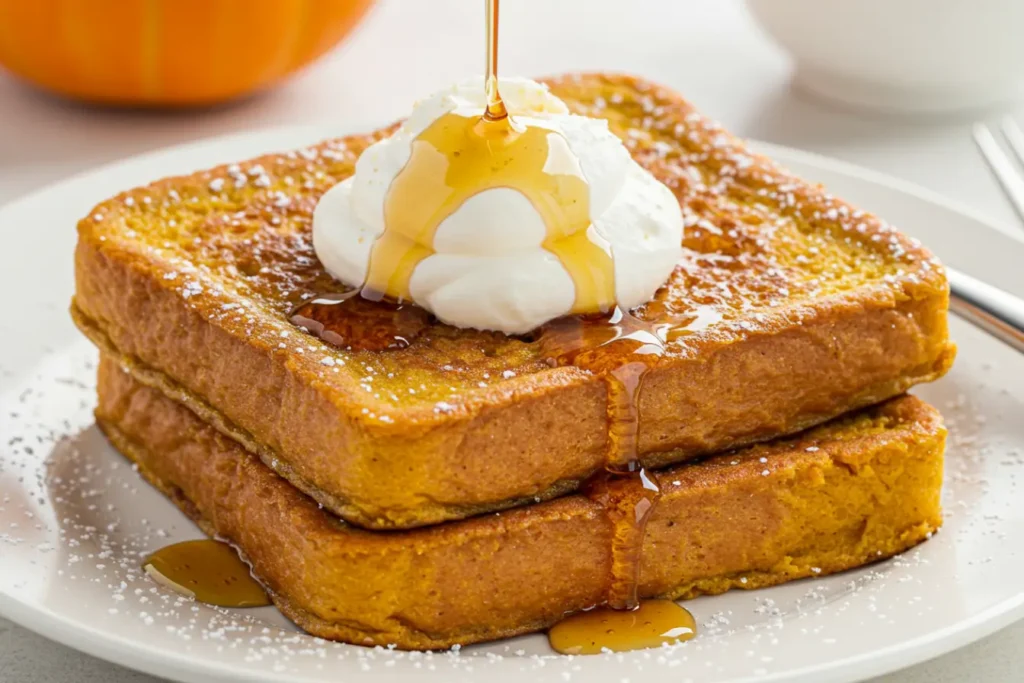 A close-up of two thick slices of Fall Pumpkin French Toast on a white plate, golden French Toast with maple syrup, a swirl of whipped pumpkin cream, cinnamon dust, and pumpkins in the background for a cozy fall breakfast.