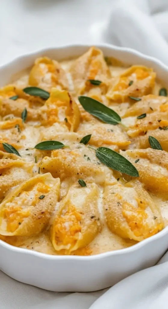 Pumpkin & Gouda Stuffed Shells With Brown Butter & Sage Alfredo Sauce 4 Overhead view of stuffed pasta shells in a creamy sauce, featuring Pumpkin & Gouda Stuffed Shells With Brown Butter & Sage Alfredo Sauce, a hearty Stuffed Shells Recipe using Jumbo Pasta Shells for an inviting Fall Pasta bake.