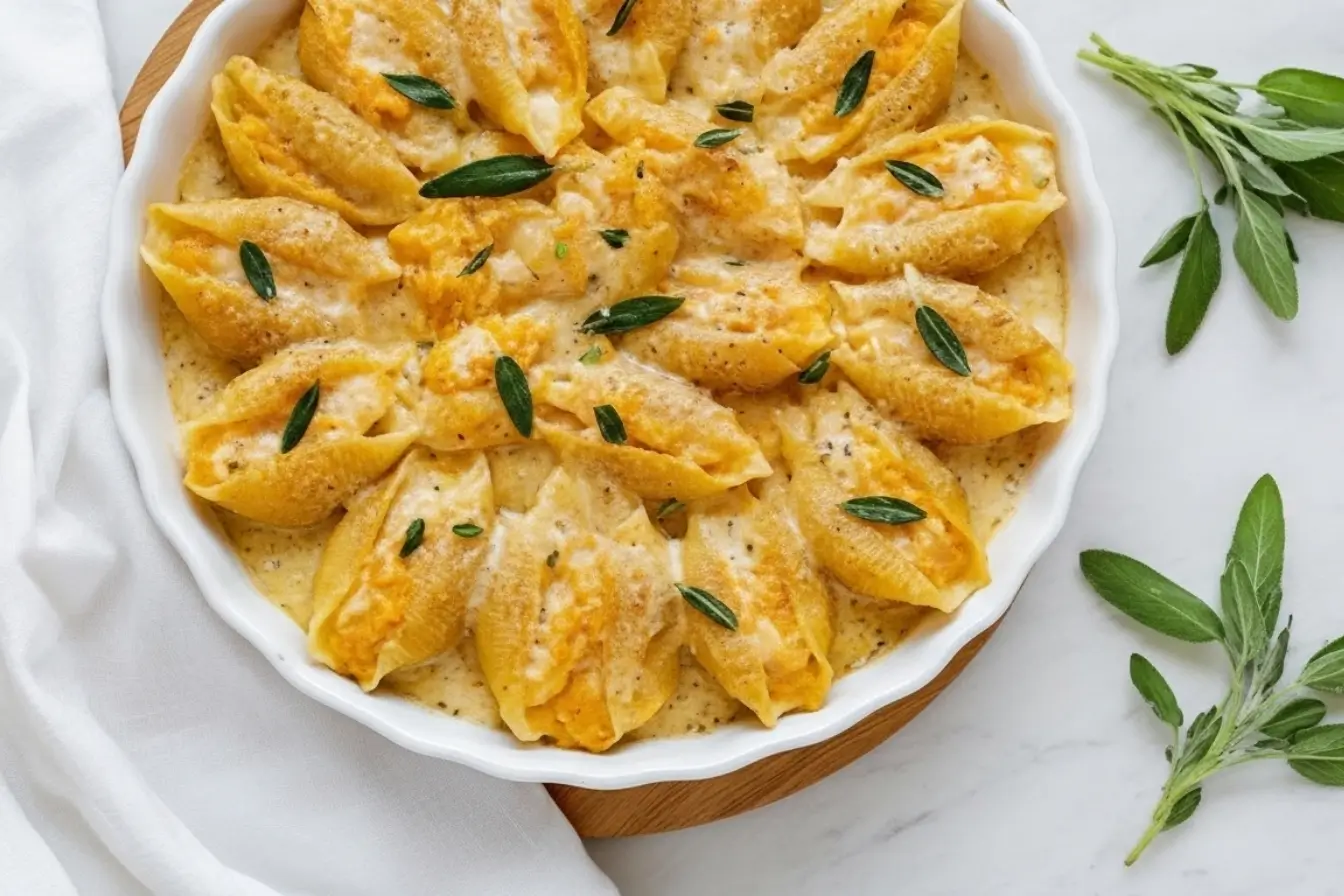 Pumpkin & Gouda Stuffed Shells With Brown Butter & Sage Alfredo Sauce 3 A round white baking dish of golden Stuffed Shells shows Pumpkin & Gouda Stuffed Shells With Brown Butter & Sage Alfredo Sauce, with Jumbo Pasta Shells nestled in creamy Alfredo Sauce and sage leaves for cozy Fall Comfort Food and Pumpkin Pasta vibes.