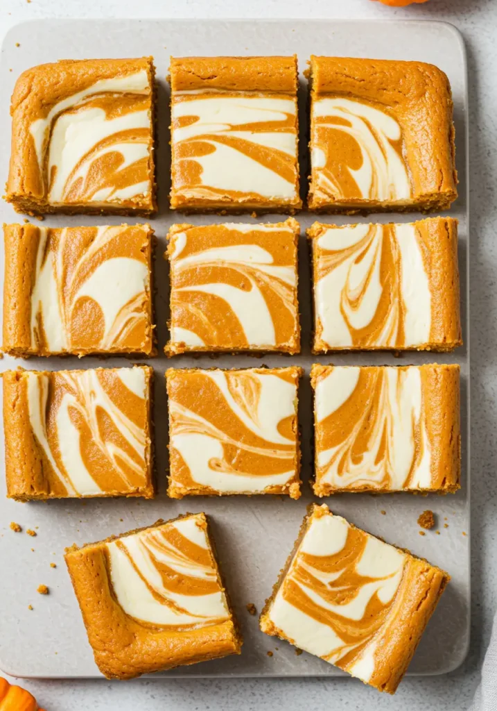 Pumpkin Spice Cheesecake Bars 4 Pumpkin Spice Cheesecake Bars are arranged on a square tray, each with marbled cream cheese swirls, capturing the look of Pumpkin Cheesecake and Cheesecake Bars while hinting at a simple Pumpkin Cheesecake Bars Recipe for fall gatherings.