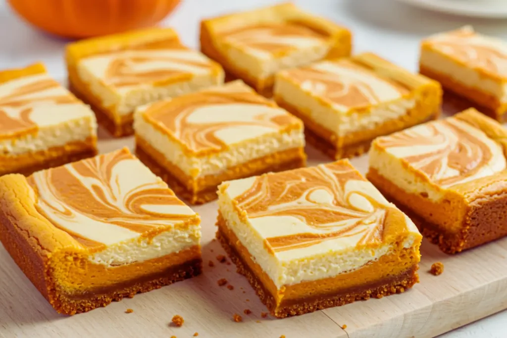 A wooden board lined with neatly cut Pumpkin Spice Cheesecake Bars shows creamy orange-white swirls over a graham crust, classic Cheesecake Bars styled like Pumpkin Cheesecake Bars with optional streusel, ideal for fans of Cheesecake Bar Recipes.