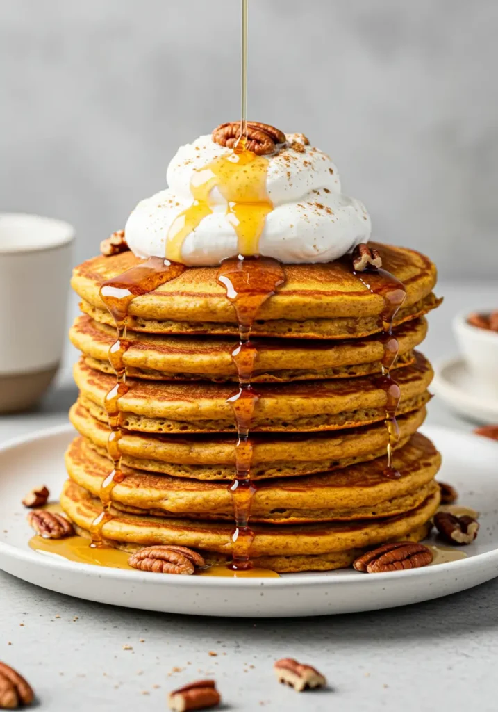 Warm Pumpkin Spice Pancakes with Autumn Flavors 4 Golden Pumpkin Spice Pancakes rise high in a neat stack with syrup dripping down and a swirl of cream and pecans, capturing Homemade Pumpkin Pancakes made with Delicious Pumpkin for an inviting Fall Breakfast in the style of classic Pancakes.
