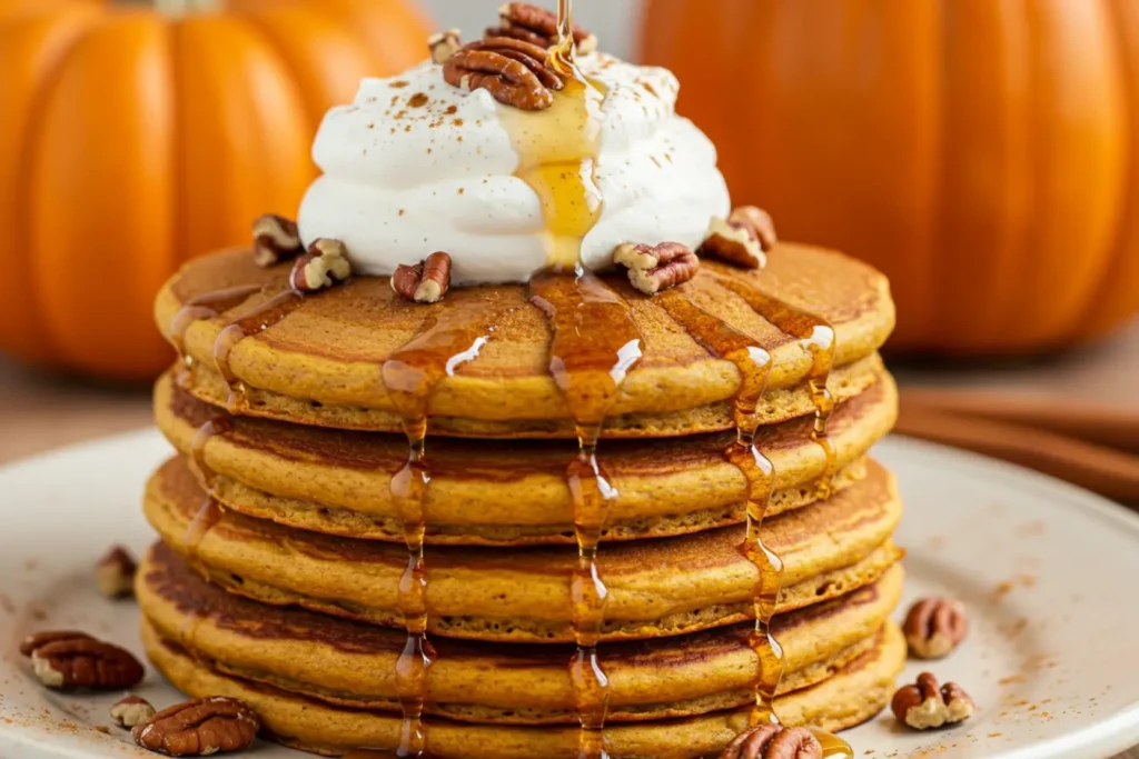 A tall stack of Pumpkin Spice Pancakes sits on a white plate, drenched in maple syrup and topped with whipped cream and pecans, a cozy Pancakes moment that looks like Fluffy Pumpkin Pancakes from a Pumpkin Pancake Recipe for the perfect Fall Breakfast and a keeper for Fall Recipes.