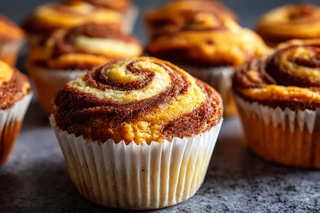 Close-up of bakery-style Pumpkin Swirl Muffins in white liners, showing marbled cream cheese ribbons and domed tops, a Delicious Pumpkin look that channels Pumpkin Muffins, Cream Cheese Muffins, and the vibe of a Pumpkin Cream Cheese Swirl Muffins Recipe for cozy Fall Baking.