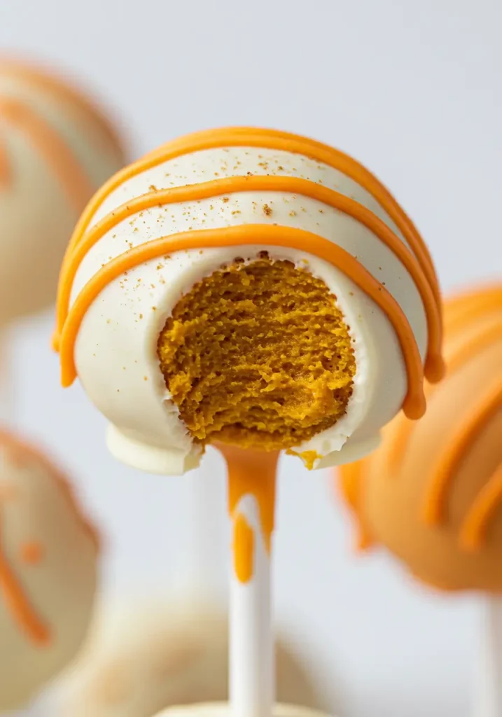 Pumpkin Cake Pops 4 A close-up of a white chocolate–dipped pumpkin cake pop with orange drizzle and a bite taken out, showcasing moist crumbs; a cozy take on pumpkin cake pops and classic cake pops that’s perfect as Fall Cake Pops or a Thanksgiving Cake Pops Recipe.