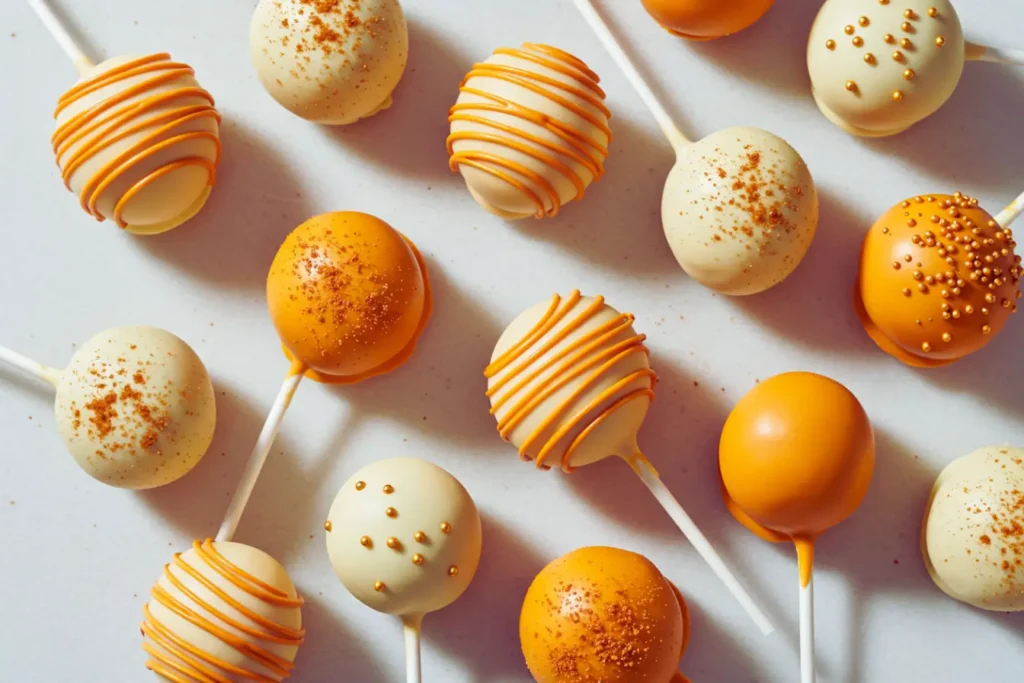 A group of pumpkin cake pops coated in white and orange candy melts with neat swirls, styled on a light surface to highlight the clean finish typical of cake pops, ideal for Fall Cake Pops and a festive Thanksgiving Cake Pops Recipe.