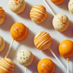 A group of pumpkin cake pops coated in white and orange candy melts with neat swirls, styled on a light surface to highlight the clean finish typical of cake pops, ideal for Fall Cake Pops and a festive Thanksgiving Cake Pops Recipe.
