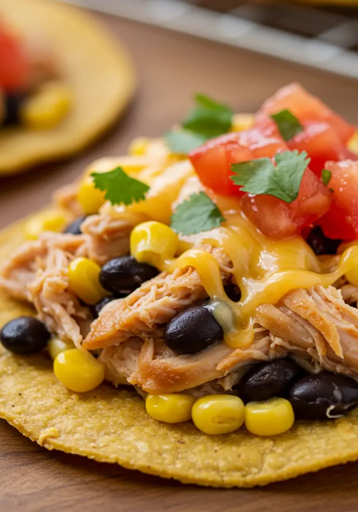 Rotisserie Chicken Tostadas 4 Close up of a crispy tostada piled with rotisserie shredded chicken, black beans, sweet corn, cheddar cheese, diced tomato and fresh cilantro.