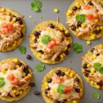 Rotisserie Chicken Tostadas 5 Overhead shot of Rotisserie Chicken Tostadas on a sheet pan, topped with refried beans, black beans, corn, melted cheese, tomato and cilantro.