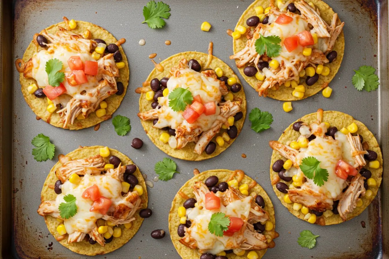 Rotisserie Chicken Tostadas 3 Overhead shot of Rotisserie Chicken Tostadas on a sheet pan, topped with refried beans, black beans, corn, melted cheese, tomato and cilantro.