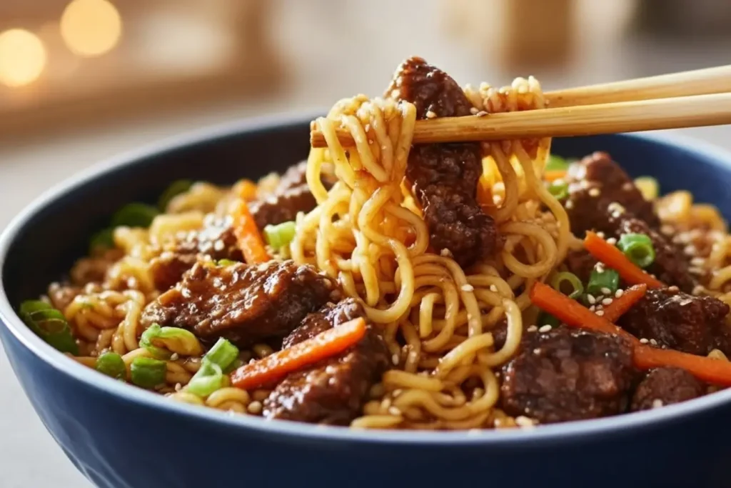 Bowl of Slow Cooker Beef Ramen Noodles with tender beef strips, carrots, scallions, sesame seeds, and chopsticks ready to serve