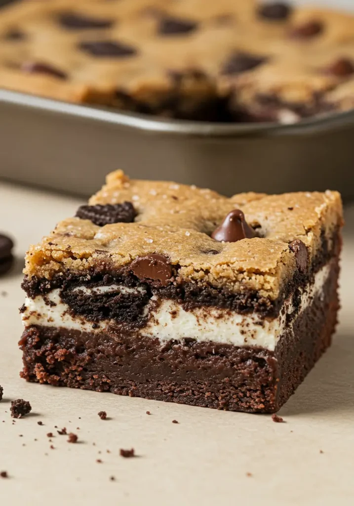 Thick square slice of Slutty Brownies with Oreo cream center and soft cookie dough top dotted with chocolate chips, perfect for a decadent dessert recipe.
