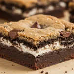 Close-up of Slutty Brownies showing layers of fudgy brownie, whole Oreo cookies, and golden chocolate chip cookie dough, a gooey triple-layer dessert bar.