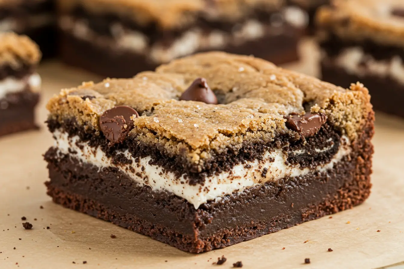 Close-up of Slutty Brownies showing layers of fudgy brownie, whole Oreo cookies, and golden chocolate chip cookie dough, a gooey triple-layer dessert bar.
