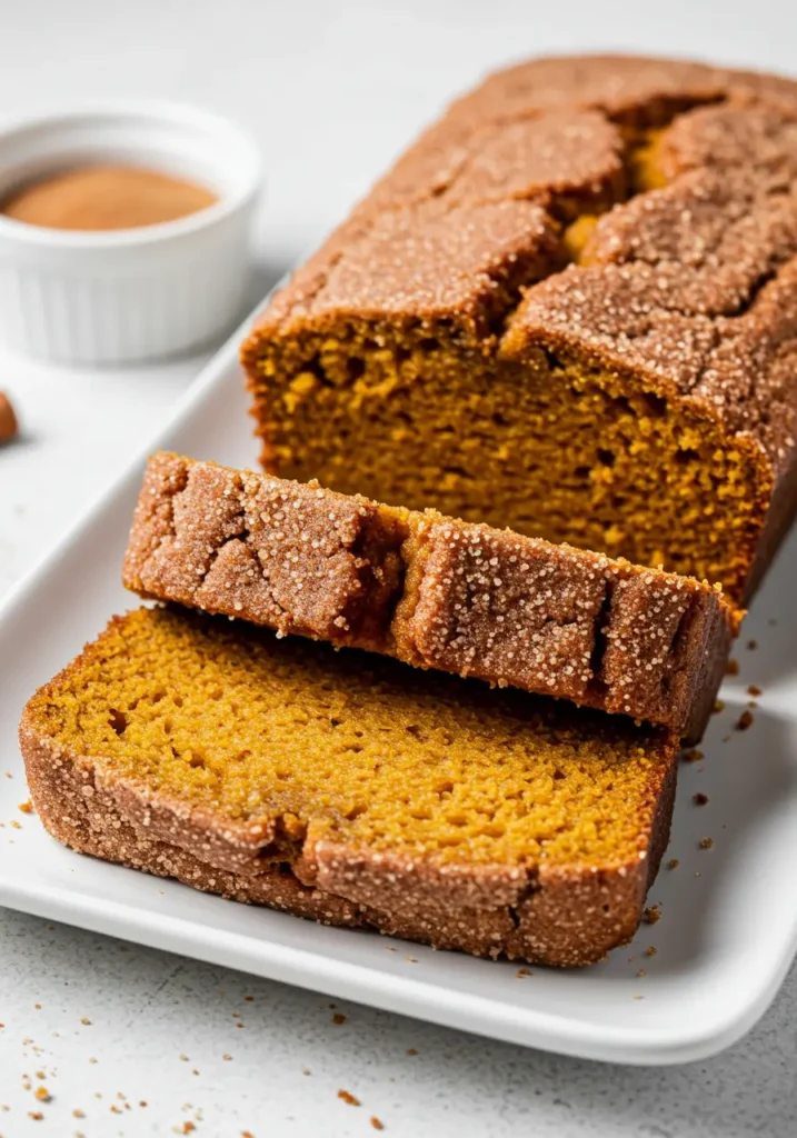 Close-up of golden slices of Snickerdoodle Pumpkin Bread on a board, the crackly sugar top highlighting moist Pumpkin Bread texture, looking like an Easy Pumpkin Bread Pumpkin Loaf fresh from the oven.