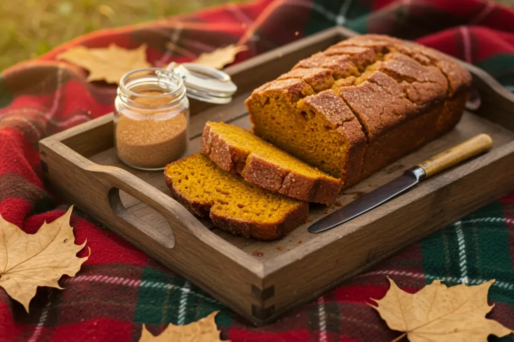 A wooden tray holds a sliced Pumpkin Bread loaf with a cinnamon-sugar crust, styled as Snickerdoodle Pumpkin Bread beside a small spice jar and autumn leaves, showing a moist crumb like a classic Pumpkin Loaf from a Pumpkin Bread Recipe.