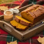 A wooden tray holds a sliced Pumpkin Bread loaf with a cinnamon-sugar crust, styled as Snickerdoodle Pumpkin Bread beside a small spice jar and autumn leaves, showing a moist crumb like a classic Pumpkin Loaf from a Pumpkin Bread Recipe.