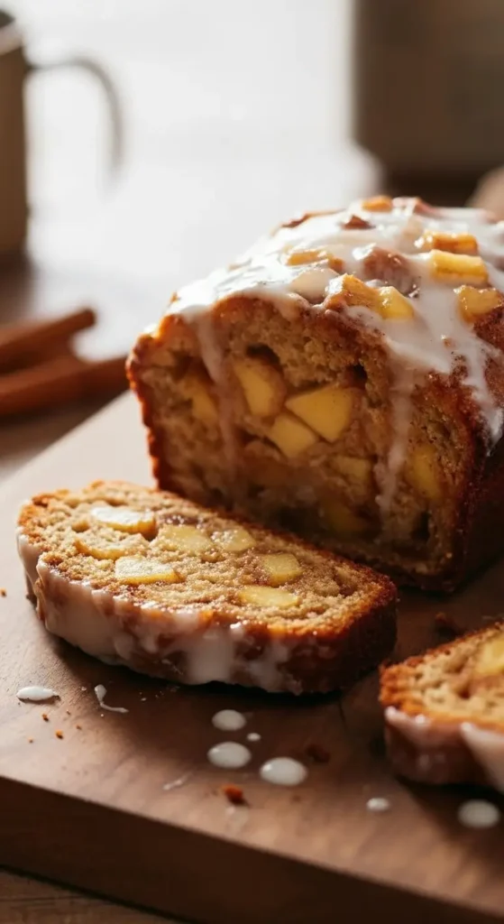 Moist apple fritter bread loaf with visible apple pieces and icing drizzle, the perfect fall baking apple dessert with warm cinnamon spice and bakery-style texture