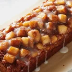 Spiced Apple Fritter Bread for Fall on a wooden board, sliced to show tender apple chunks and cinnamon swirls, finished with a glossy vanilla glaze for cozy fall baking