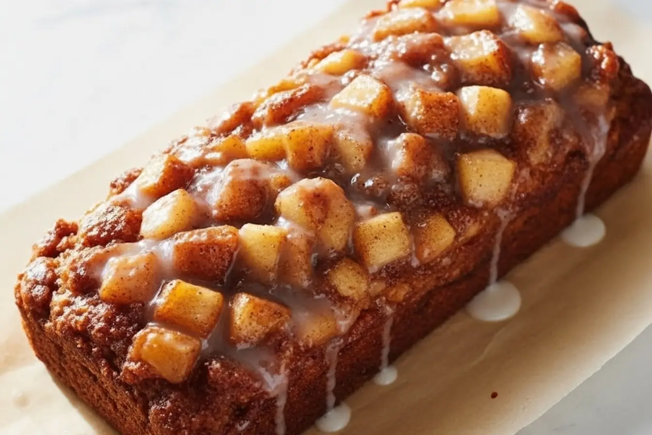 Spiced Apple Fritter Bread for Fall on a wooden board, sliced to show tender apple chunks and cinnamon swirls, finished with a glossy vanilla glaze for cozy fall baking
