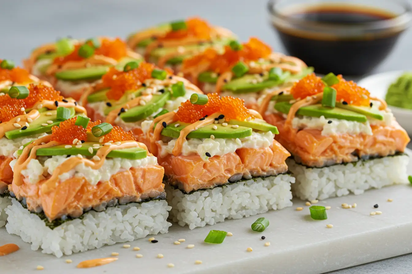 Close-up of square pieces of Spicy Salmon Sushi Bake on a marble board, showing a layered Sushi Bake with Sushi Rice, nori, seared salmon, creamy topping, avocado slices, roe, scallions and sesame.