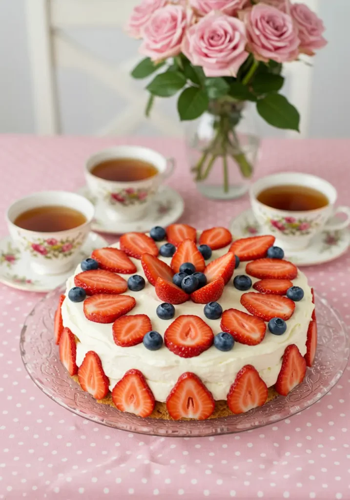Strawberry Birthday Cake 4 A creamy Strawberry Birthday Cake decorated with fresh berries is styled on a pink polka dot table next to a silver cake server and teacups, capturing a homestyle mood with polished design.