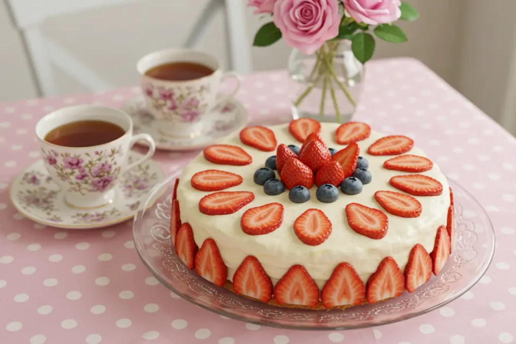 A festive Strawberry Birthday Cake on a patterned table with tea and roses demonstrates clean design lines and sparks an easy idea for birthday cake, great for small birthday cakes at home.