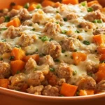 Sweet Potato and Ground Turkey Bake topped with melted cheese and chives, hearty weeknight casserole in an orange baking dish