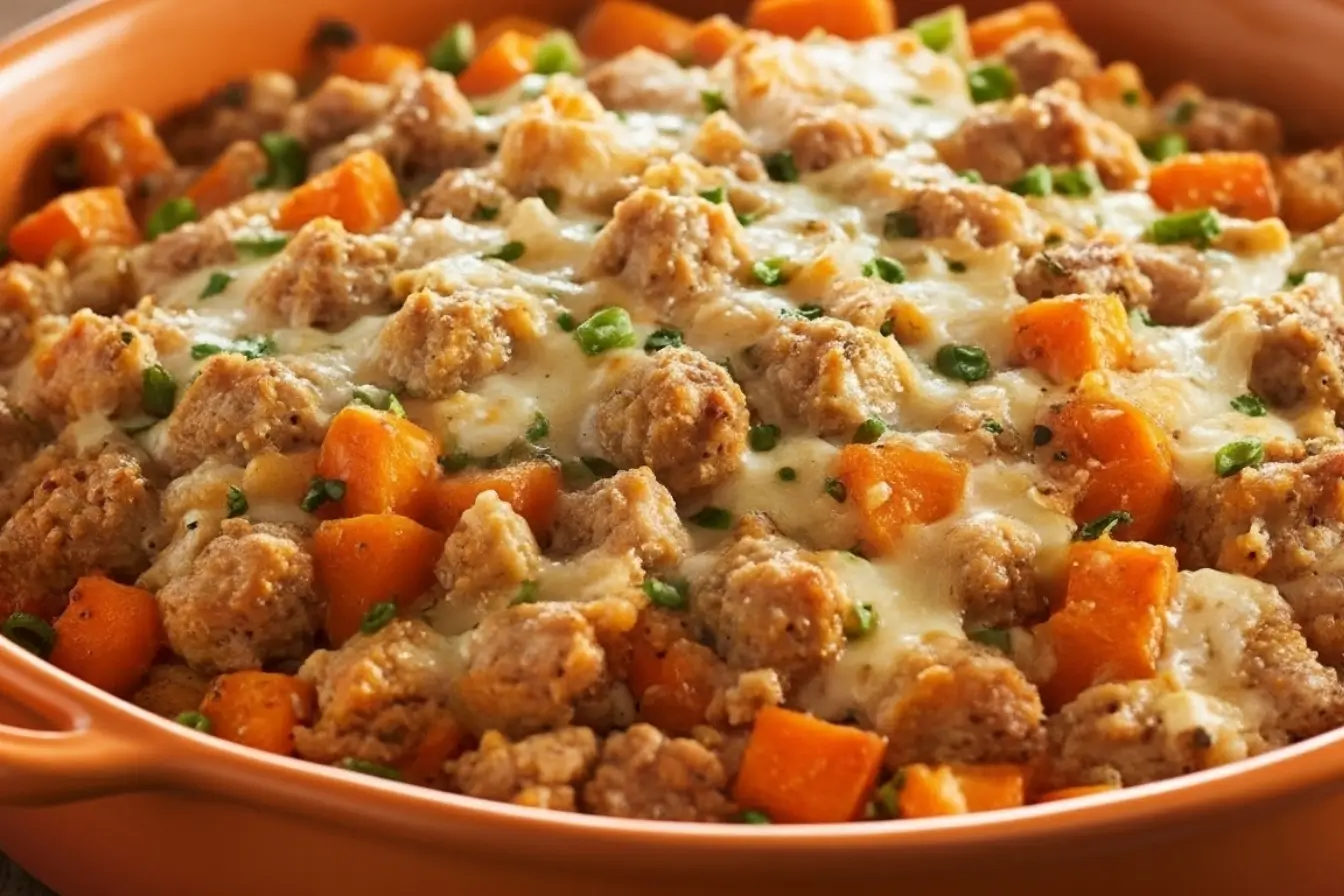 Sweet Potato and Ground Turkey Bake topped with melted cheese and chives, hearty weeknight casserole in an orange baking dish