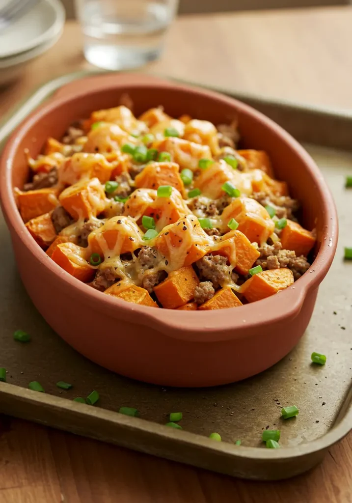 Cheesy Sweet Potato and Ground Turkey Bake, diced sweet potatoes and lean turkey crumbles for a healthy family dinner