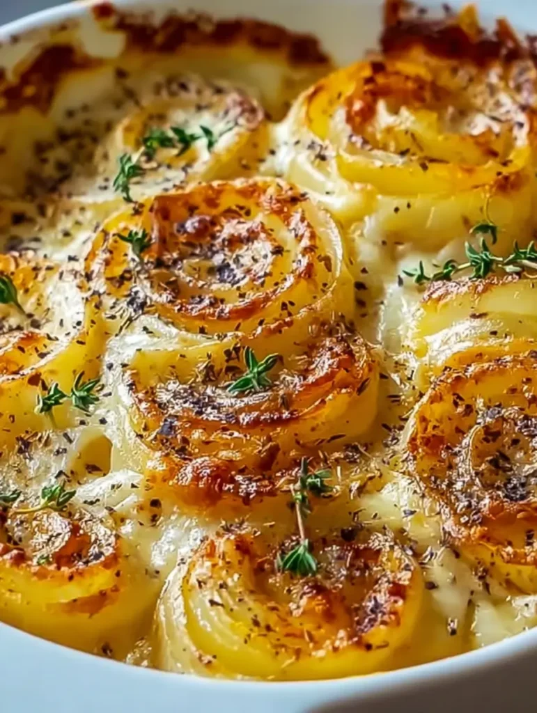 Easy Tennessee Onions Recipe 4 A close up of a casserole where sweet onion rounds are roasted until caramelized, showing the Tennessee Onions Dinner look of a bubbling Onion Casserole loved in Veggie Dishes.