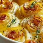 A white round baking dish filled with golden baked onion spirals in creamy sauce, styled as a Tennessee Onions Dinner that echoes classic Onion Recipes and Comfort Food Southern vibes.