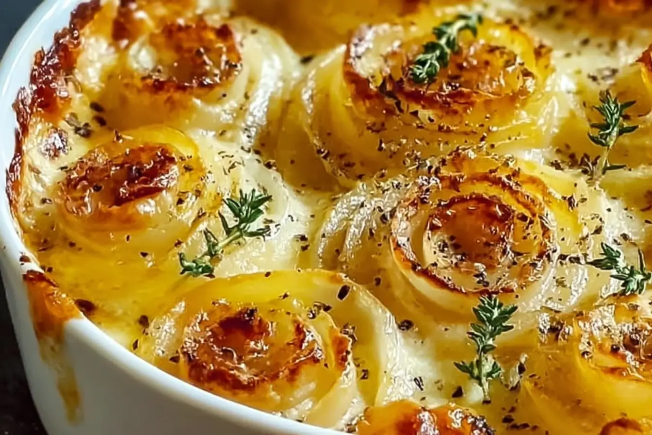A white round baking dish filled with golden baked onion spirals in creamy sauce, styled as a Tennessee Onions Dinner that echoes classic Onion Recipes and Comfort Food Southern vibes.