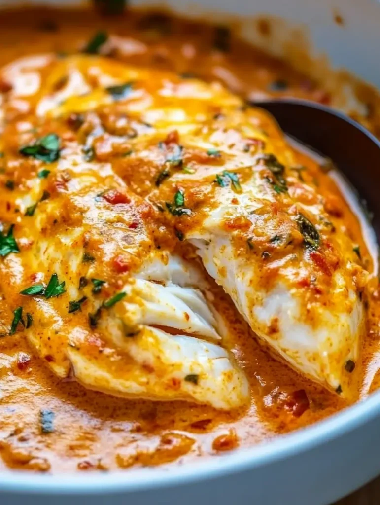 Close-up of tender tilapia in a silky pepper sauce with visible flecks of roasted peppers, showcasing a Seafood fish with sauce presentation.