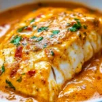 A white bowl holds flaky tilapia fillets bathed in a creamy roasted pepper sauce, a vibrant Seafood dish featuring roasted peppers, smooth sauce, and fresh herbs.